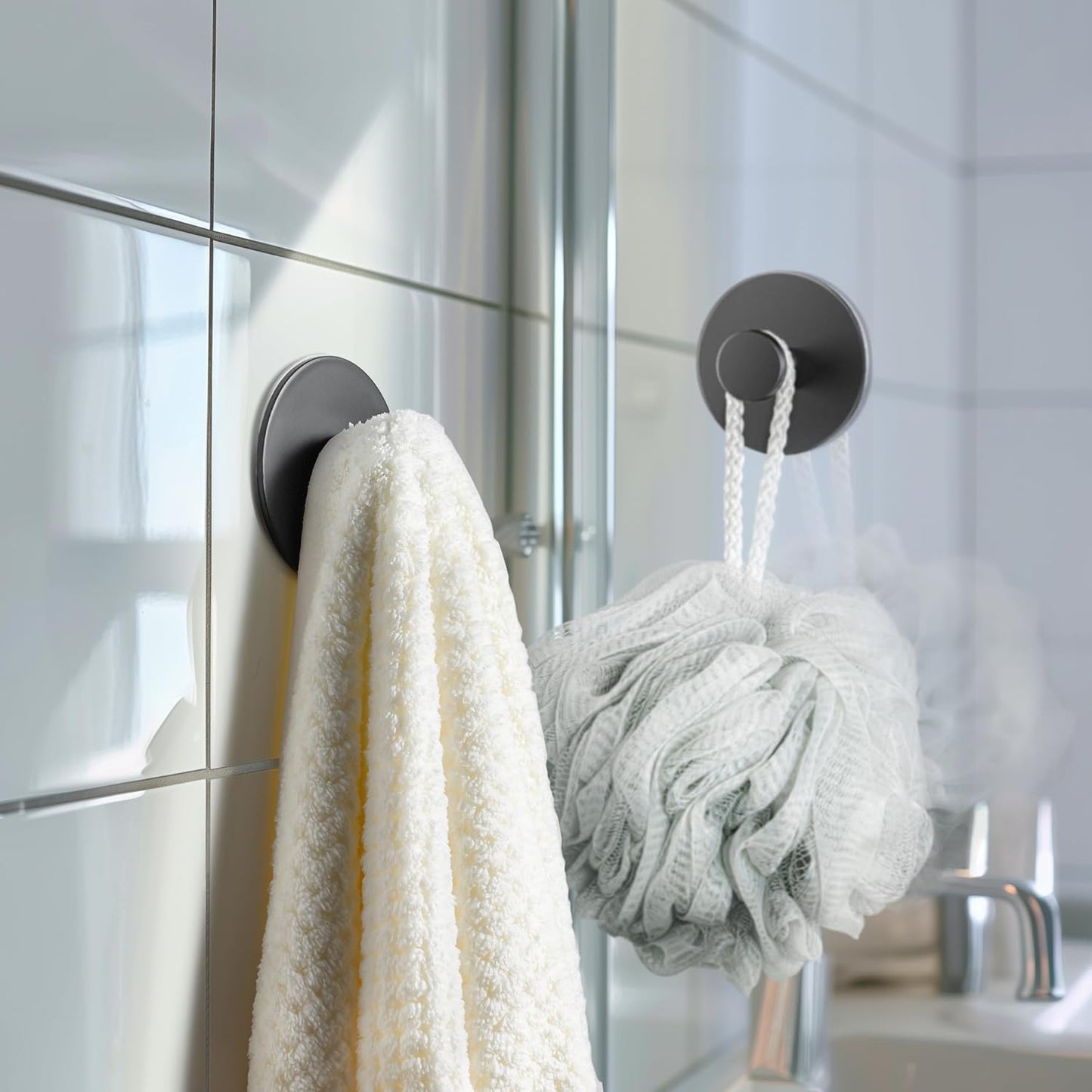 Multifunctional Towel Hooks for Bathroom Wall - Extra Sticky Stainless, Holds up to 12LB, Coat Hooks Wall Hooks, Adhesive Door Holder Hanger Shower Accessories, Matt Black Heavy Duty
