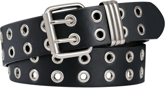 Grommet Leather Belt with Detachable Chain Women Men Punk Rock Waist Belts for Jeans Pants