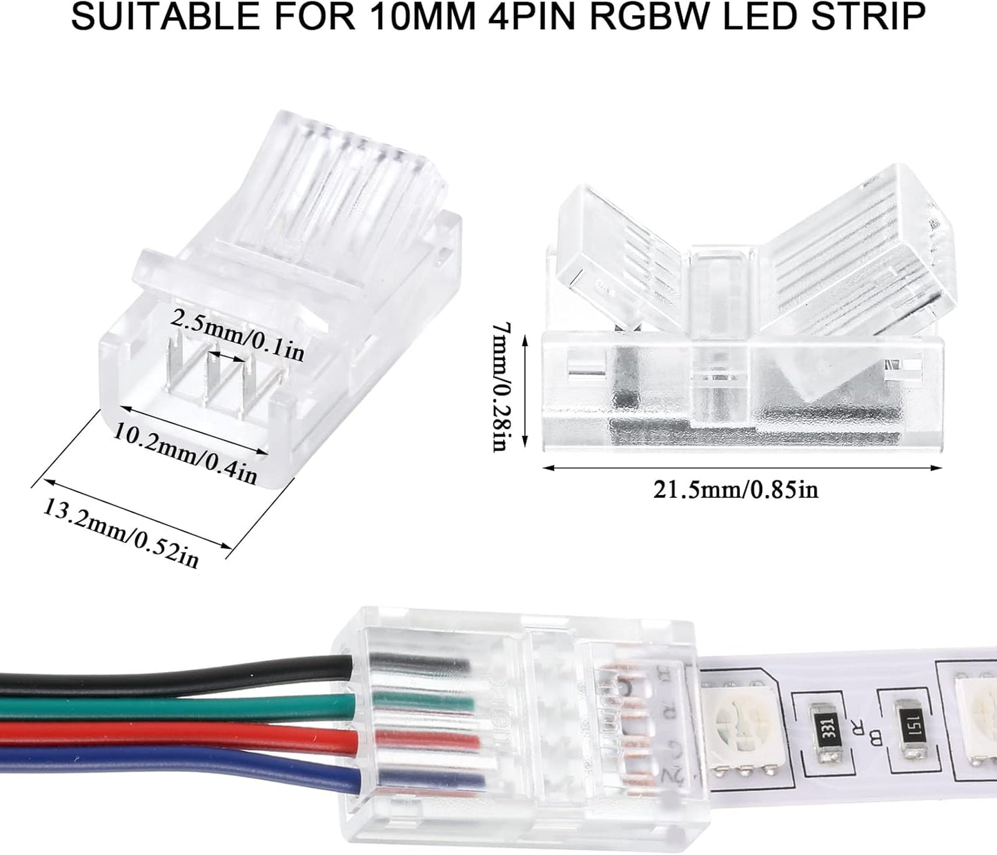 20 Pcs 4 Pin 10 mm LED Strip Connector RGB Lights Waterproof Adapter 22 AWG Wires Connector for Strip Light Unwired Gapless Track 5v 12v 24v