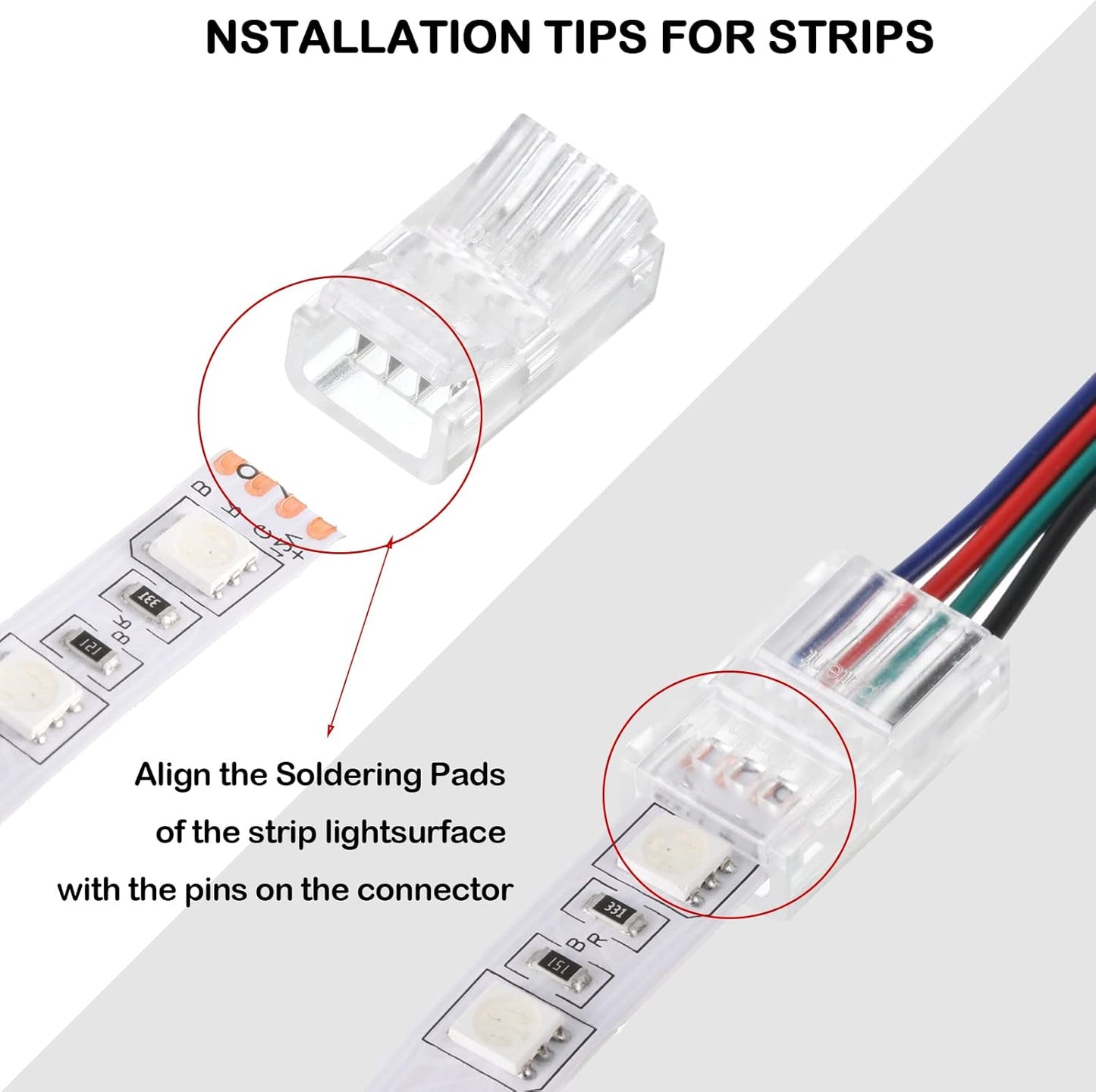 20 Pcs 4 Pin 10 mm LED Strip Connector RGB Lights Waterproof Adapter 22 AWG Wires Connector for Strip Light Unwired Gapless Track 5v 12v 24v