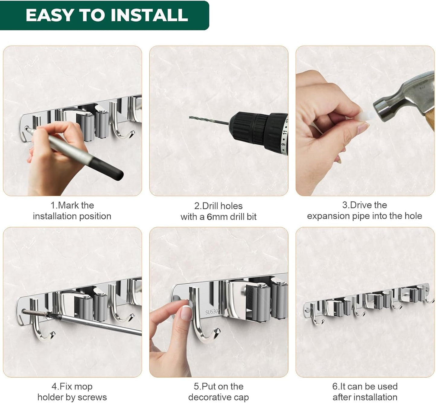 Mop and Broom Holder Wall Mount, Upgraded Broom Organizer Wall Mount, Stainless Steel Broom Hanger Wall Mount for Home Kitchen Garden Laundry Garage (3 Racks with 4 Hooks)