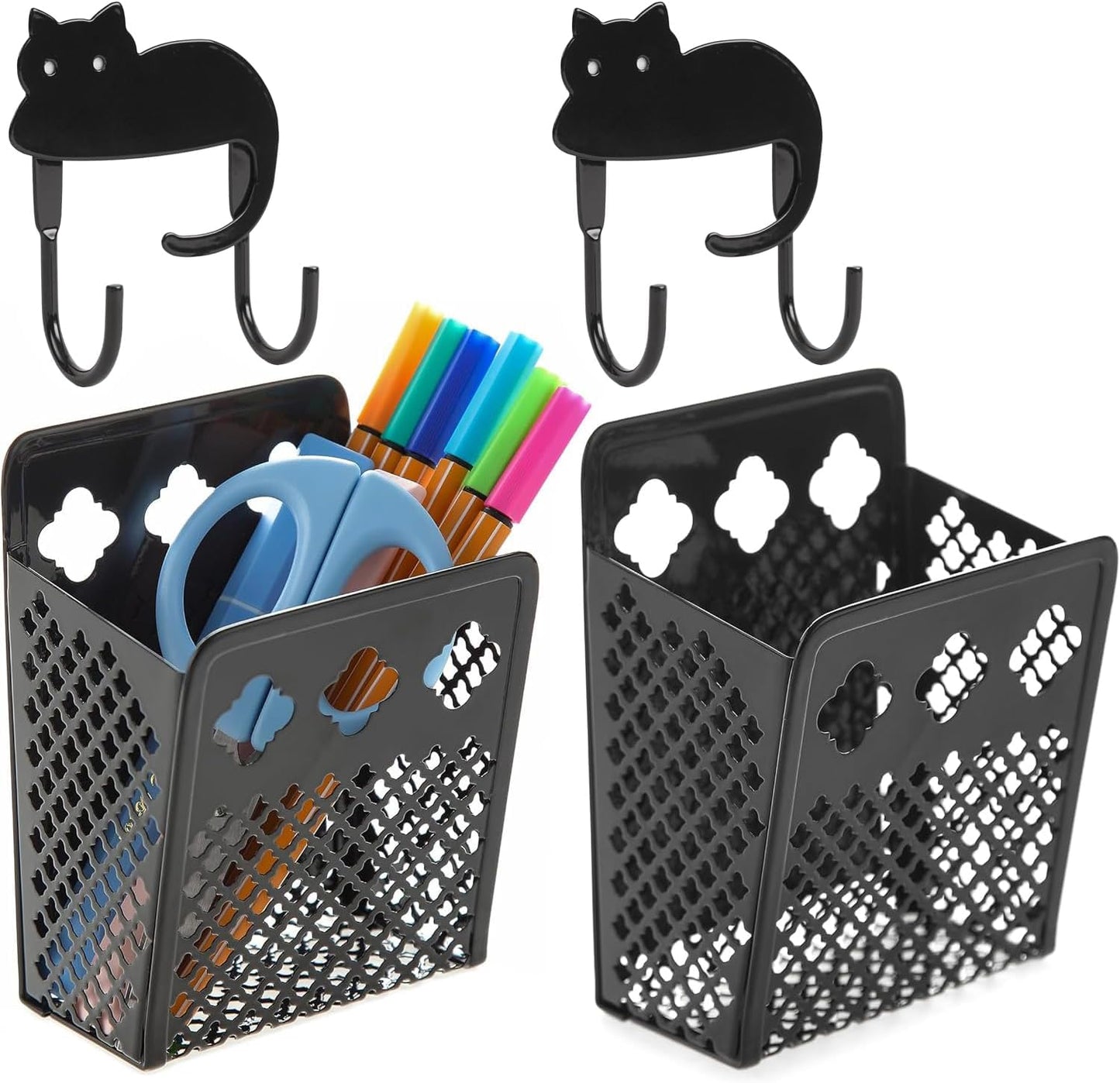 2 Pack Magnetic Pen Holder, Strong Magnet Organizer Dry Erase Marker Holder for Refrigerator, Whiteboard, Locker Accessories Home Office Hanging Pencil Holder with Hooks-Black