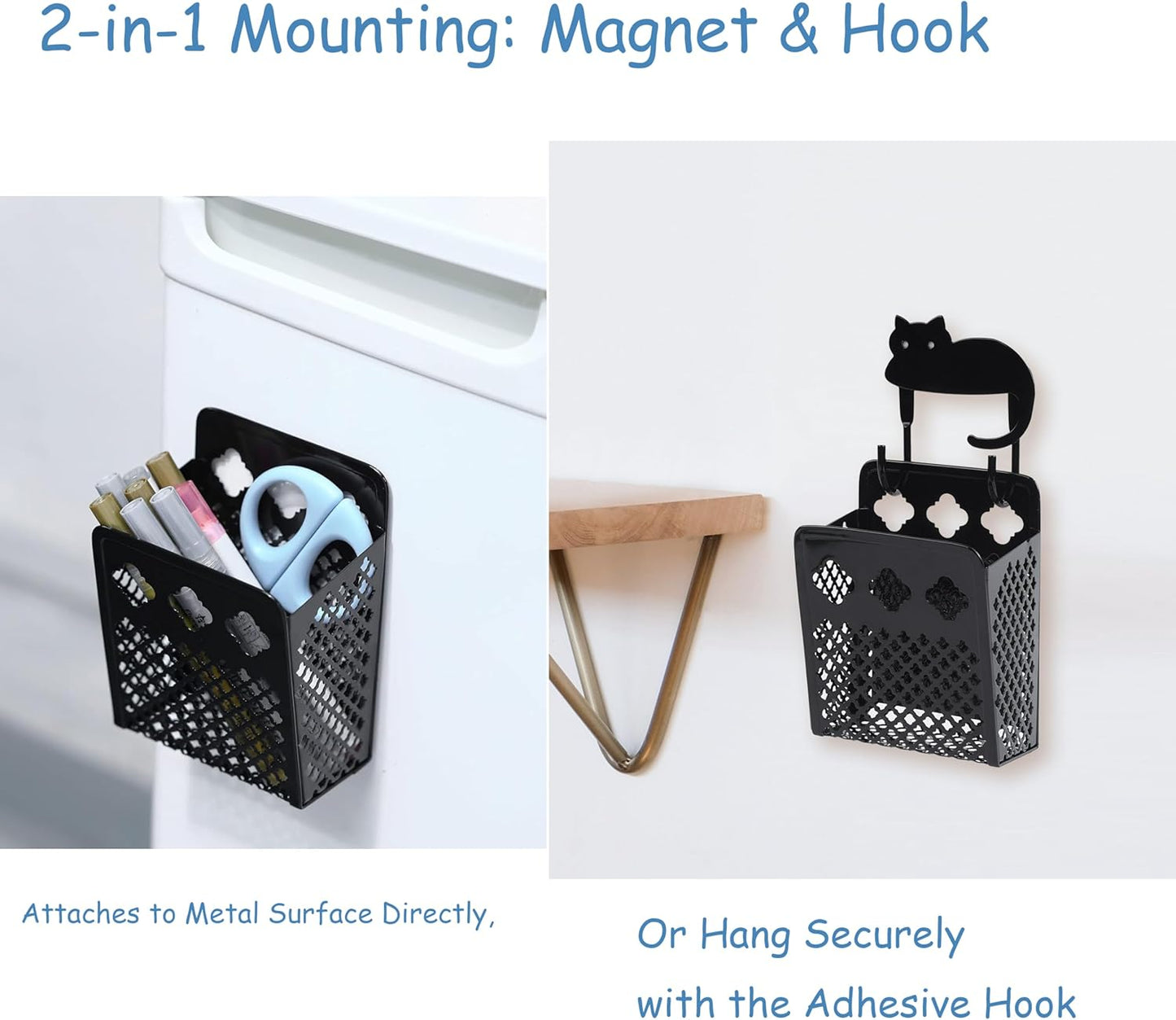 2 Pack Magnetic Pen Holder, Strong Magnet Organizer Dry Erase Marker Holder for Refrigerator, Whiteboard, Locker Accessories Home Office Hanging Pencil Holder with Hooks-Black