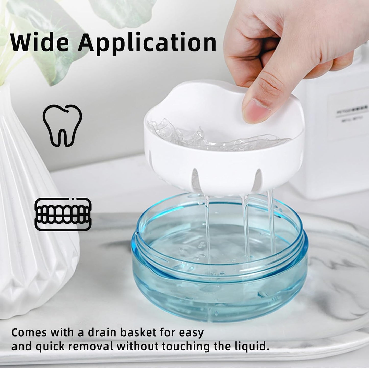 Leak Proof Denture Cup Kit Portable Retainer Case Perfect for Travel, Denture Case Container Cleaning Care for Dentures Aligner Mouth Guard with Denture Brush,Strainer, Removal Tool and Mirror