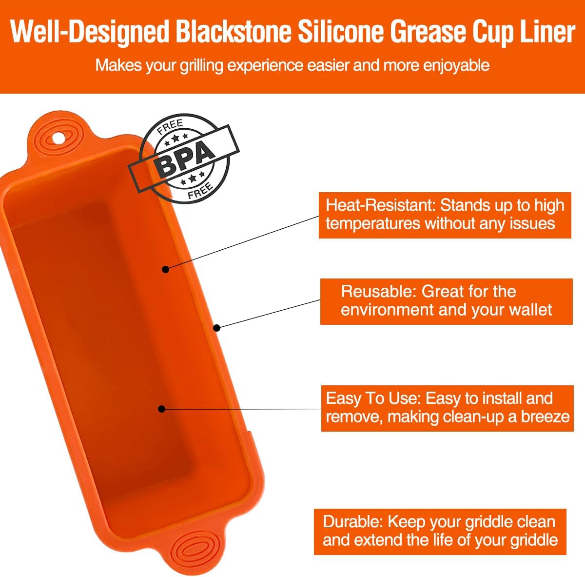 2 Pack Blackstone Silicone Grease Cup Liners for 36 28 22 17 Inch Griddle, Reusable Catcher Liner Grill Tray Blackstone Accessories, Replacement of Aluminum Foil Drip Pans, Orange