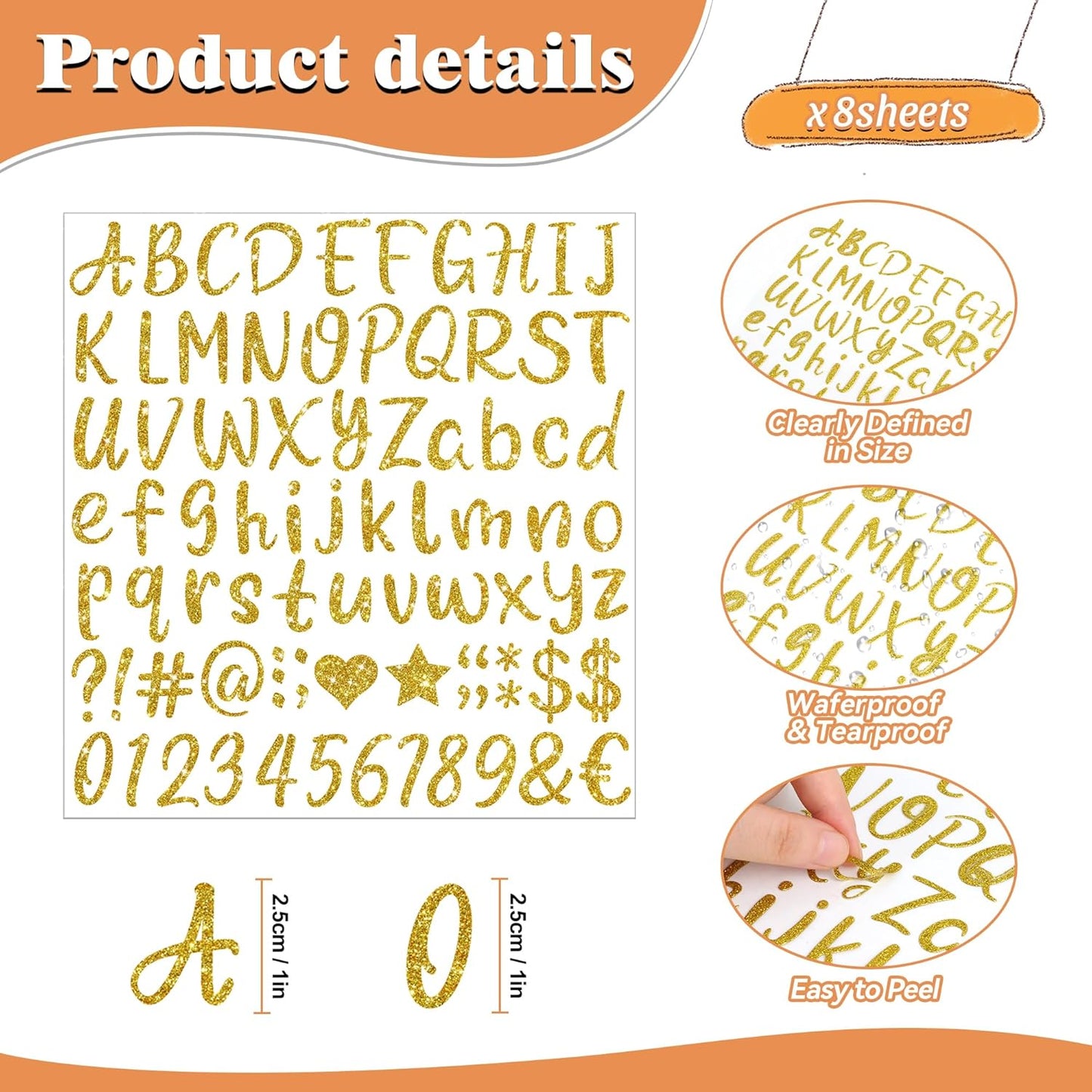 648 PCS Gold Letter Stickers Glitter Alphabet Stickers 1 Inch Self Adhesive Waterproof Vinyl Small ABC Letters for Graduation Cap Water Bottles Cup Mailbox Number Scrapbooking Sign Crafts (8,Gold)
