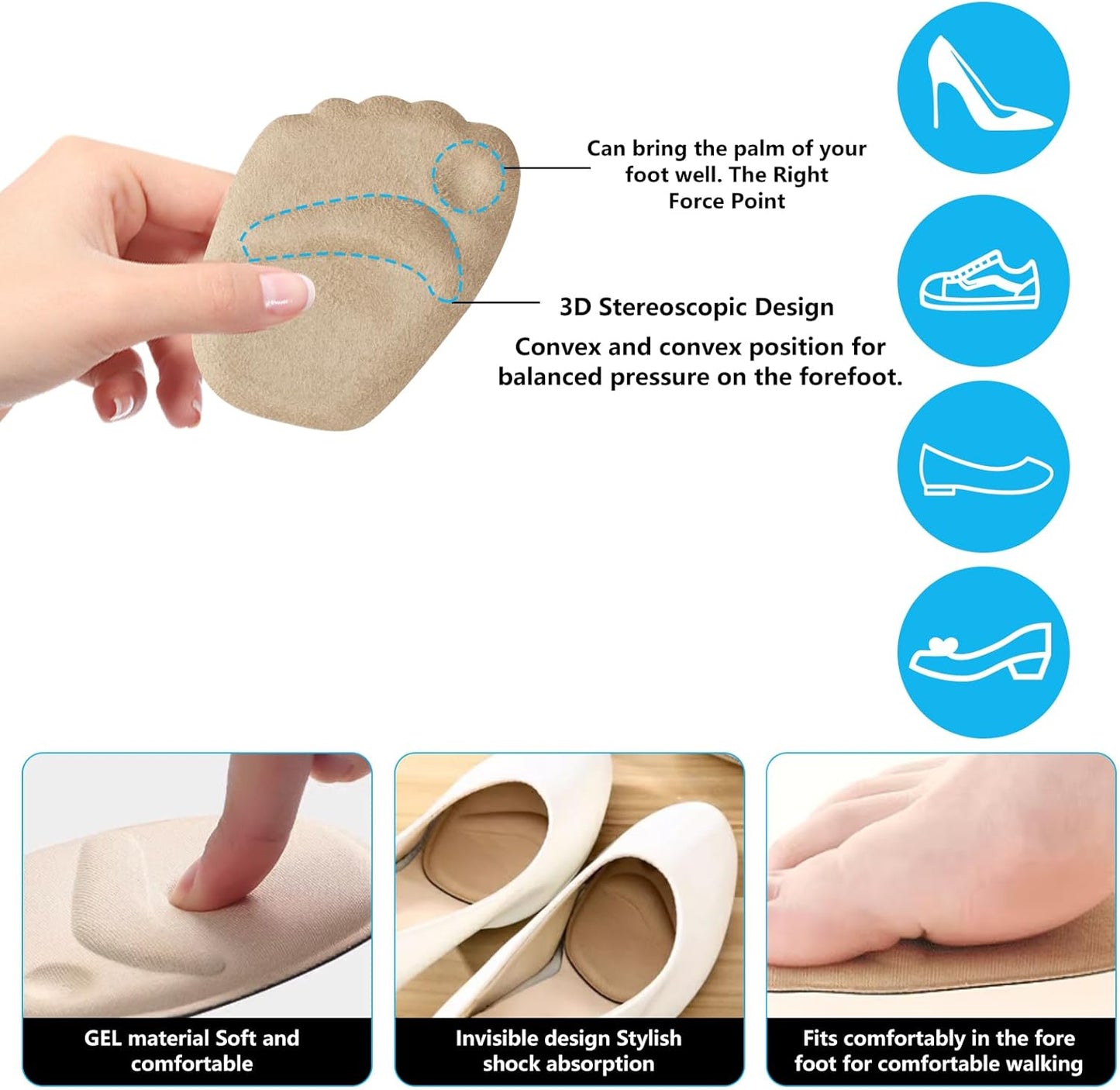 6 Pairs Metatarsal Pads for Women, Forefoot Cushion Inserts for Women Shoes, Non-Sliding Insole Pads for Open Toe Shoes, Ball of Foot Cushions, Shoe Filler, Reduce Foot Slip
