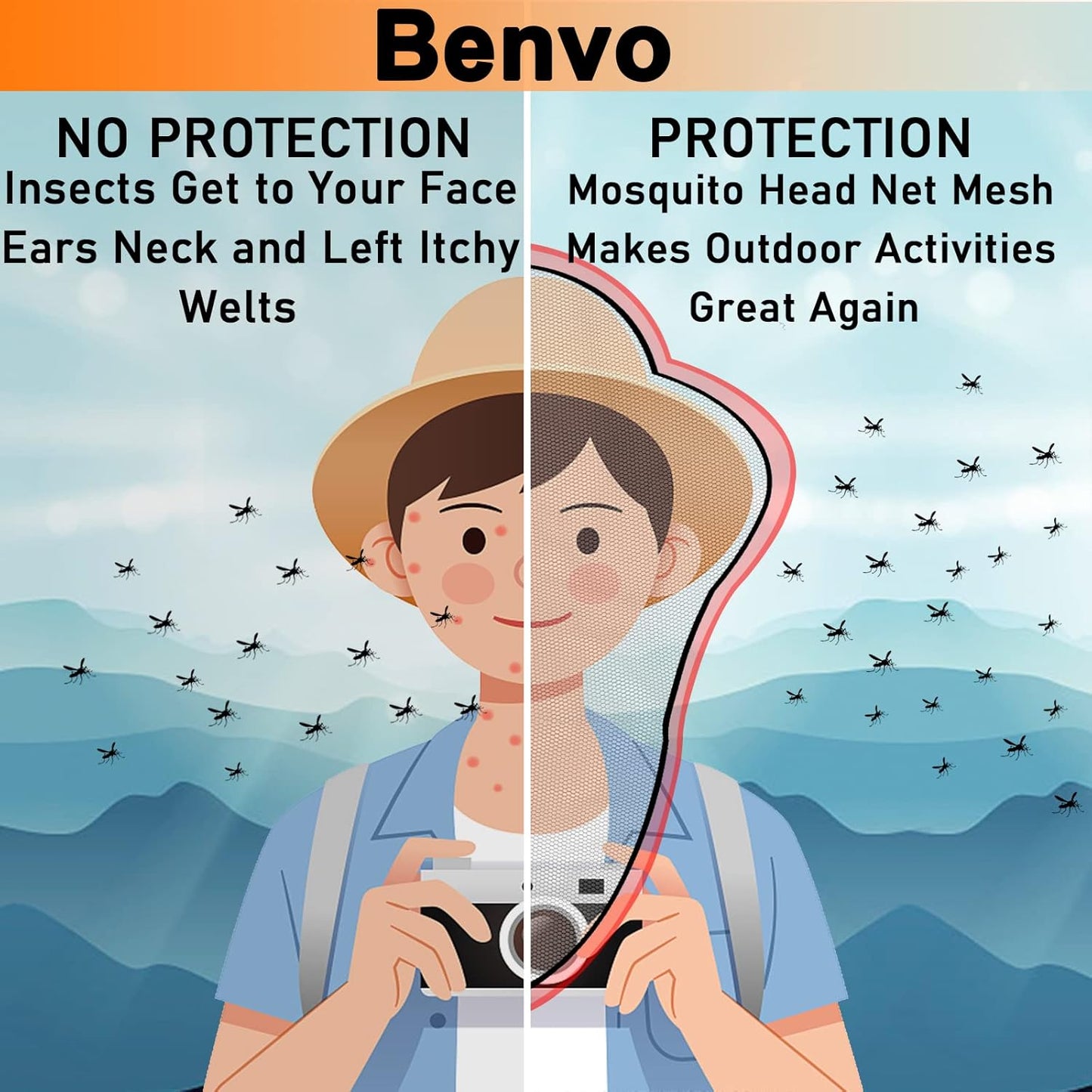 Mosquito Head Net Mesh, Face Neck Fly Netting Hood from Bugs Gnats Noseeums Screen Net for Any Outdoor Lover- with Carry Bags Fits Most Sizes of Hats Caps (2pcs, Grey, Updated Big Net)
