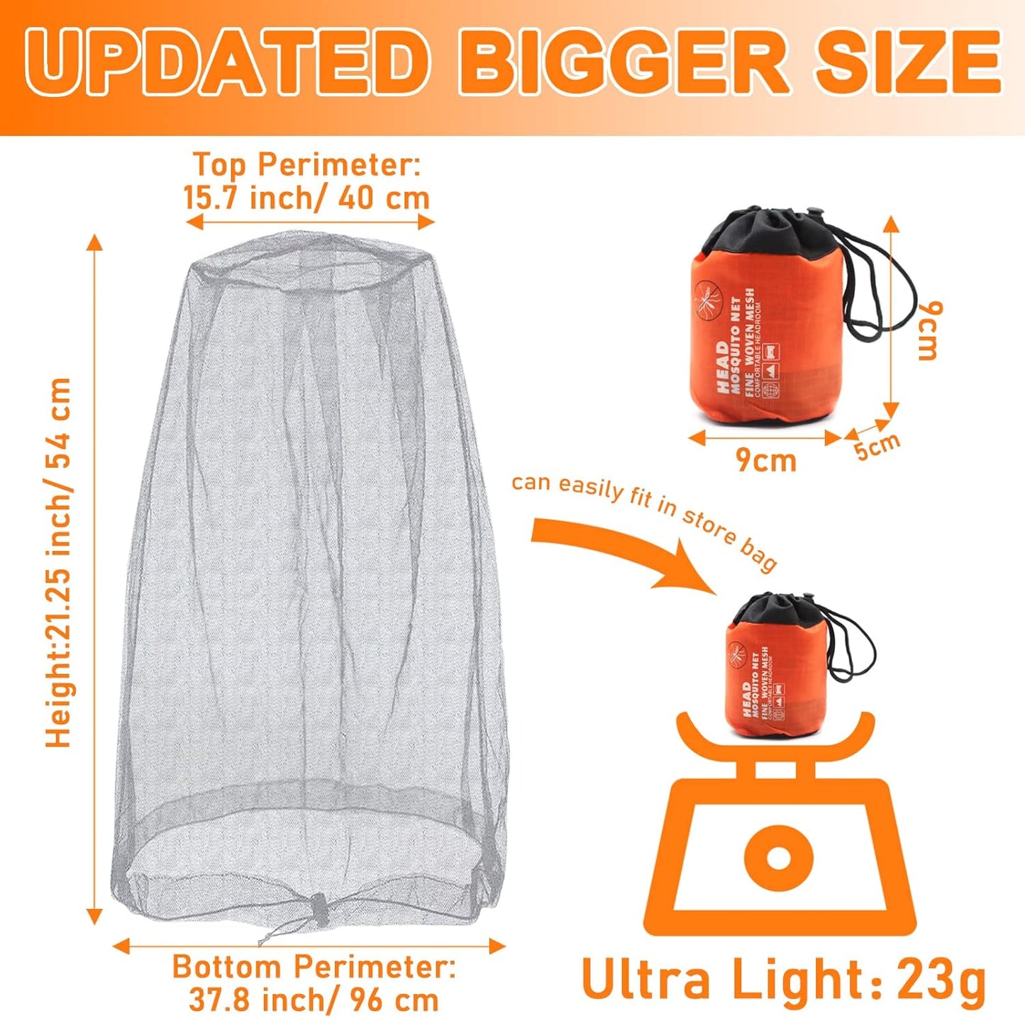 Mosquito Head Net Mesh, Face Neck Fly Netting Hood from Bugs Gnats Noseeums Screen Net for Any Outdoor Lover- with Carry Bags Fits Most Sizes of Hats Caps (2pcs, Light Grey, Updated Big Net)