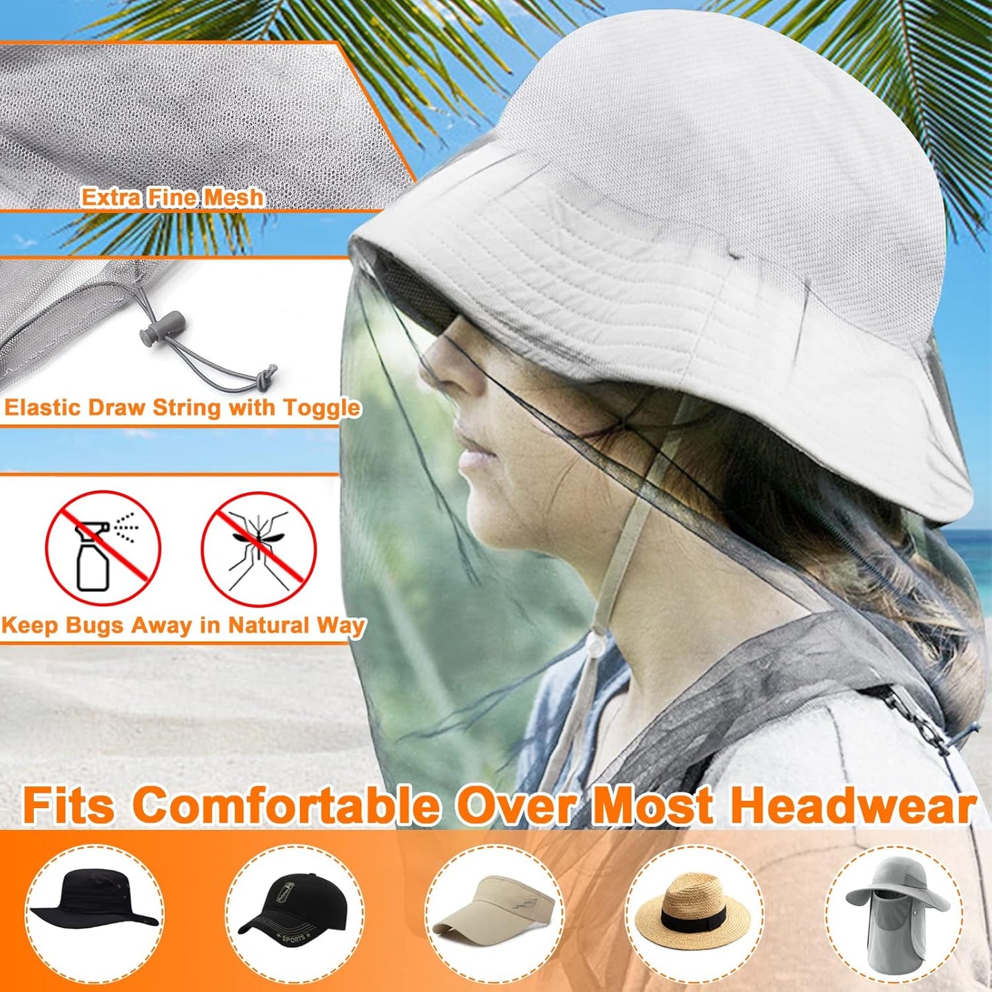 Mosquito Head Net Mesh, Face Neck Fly Netting Hood from Bugs Gnats Noseeums Screen Net for Any Outdoor Lover- with Carry Bags Fits Most Sizes of Hats Caps (2pcs, Light Grey, Updated Big Net)