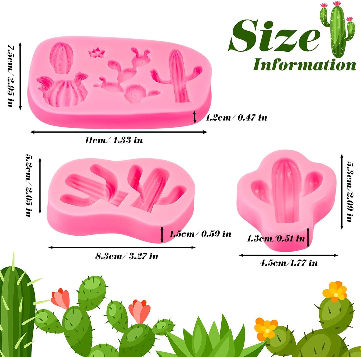 3 Pieces Cactus Silicone Fondant Moulds Cacti Hawaiian Cake Moulds Set for Making Sugar Chocolate Candy Gum Paste Cupcake Cake Decoration Supplies