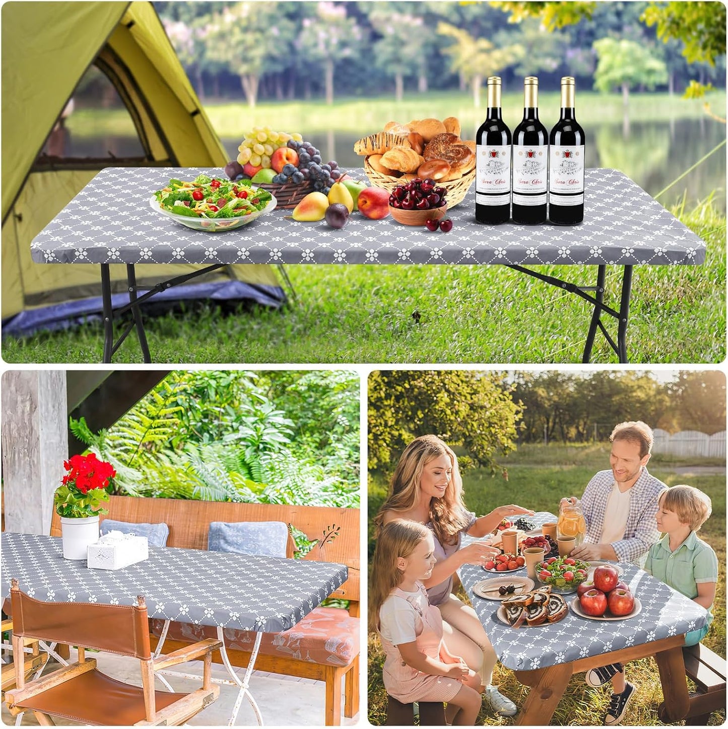 Rectangle Vinyl Table Cloth, Elastic Fitted Tablecloth with Flannel Backing, Waterproof Plastic Table Cover Fits 6 Foot Folding Tables for Easter, Camping, Indoor and Outdoor (Grey, 30" x 72")