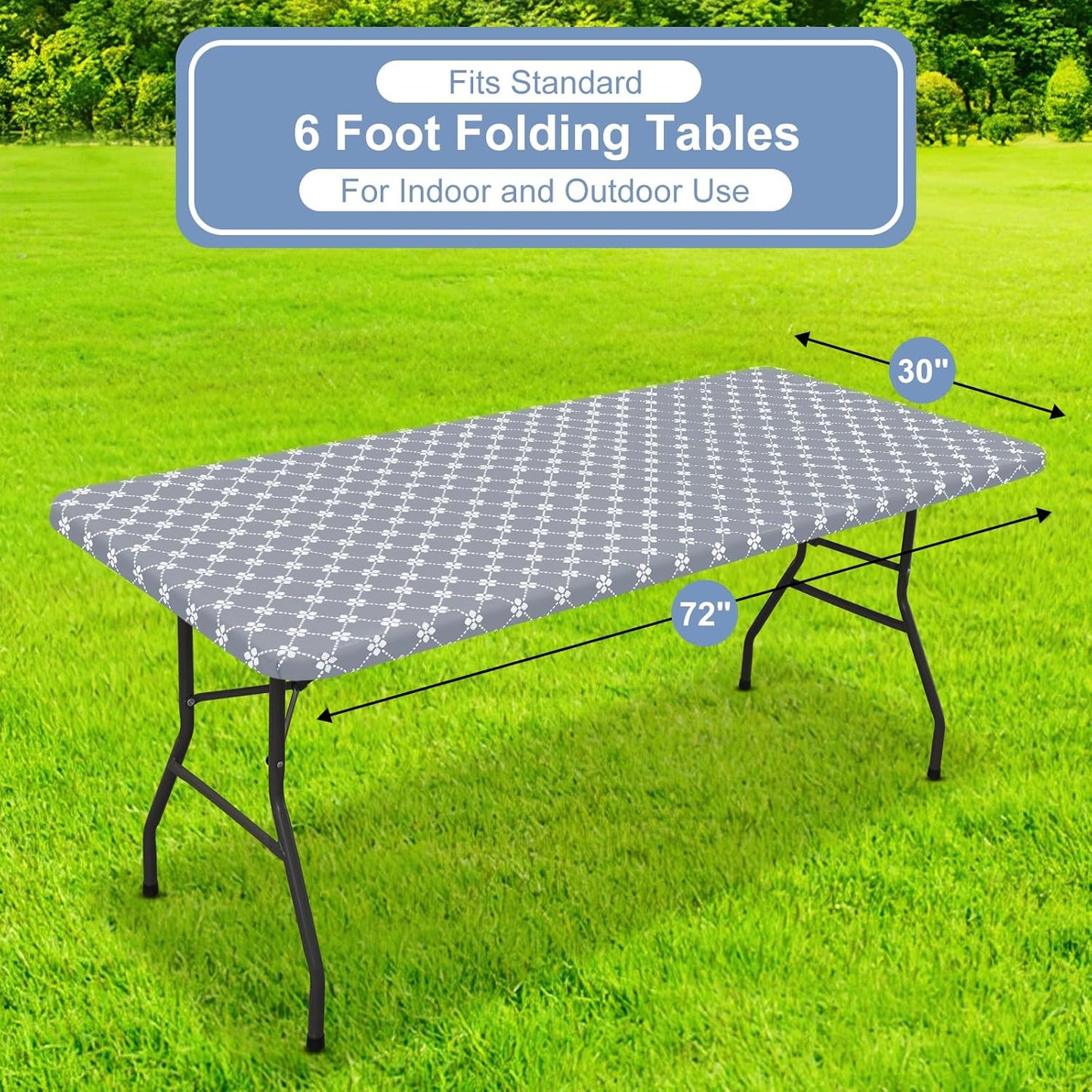 Rectangle Vinyl Table Cloth, Elastic Fitted Tablecloth with Flannel Backing, Waterproof Plastic Table Cover Fits 6 Foot Folding Tables for Easter, Camping, Indoor and Outdoor (Grey, 30" x 72")
