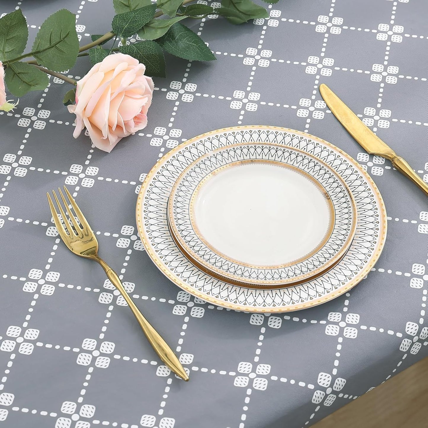Rectangle Vinyl Table Cloth, Elastic Fitted Tablecloth with Flannel Backing, Waterproof Plastic Table Cover Fits 6 Foot Folding Tables for Easter, Camping, Indoor and Outdoor (Grey, 30" x 72")