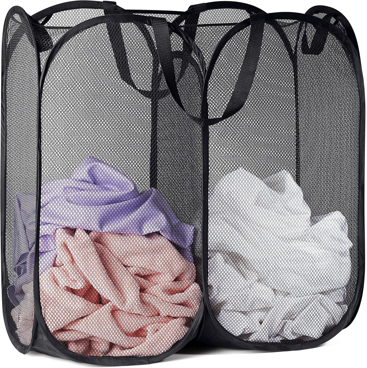 Mesh Popup Hamper - Two Compartments, Collapsible for Storage and Easy to Open. Folding Pop-Up Clothes are Great for The Kids Room, College Dorm or Travel. (Black)