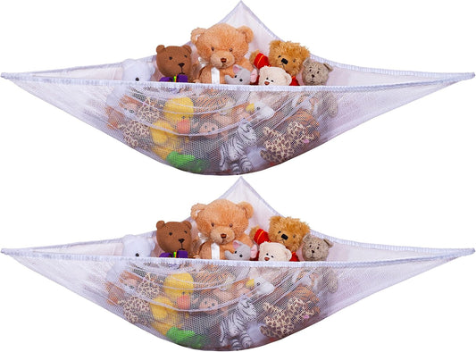 Stuffed Animal Organizer Hammock, 2-Pack Mesh Toy Storage Net for Kids, Expands to 5.5 Feet, Corner Hanging Holder for Plushies & Children's Toys, Easy Install, White