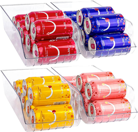 Soda Can Organizer - Clear Plastic Storage Dispenser Bin for Refrigerator. Great Drink Holder for Kitchen Cabinets, Countertops, Pantry, Freezer and Fridge. (4-Pack)
