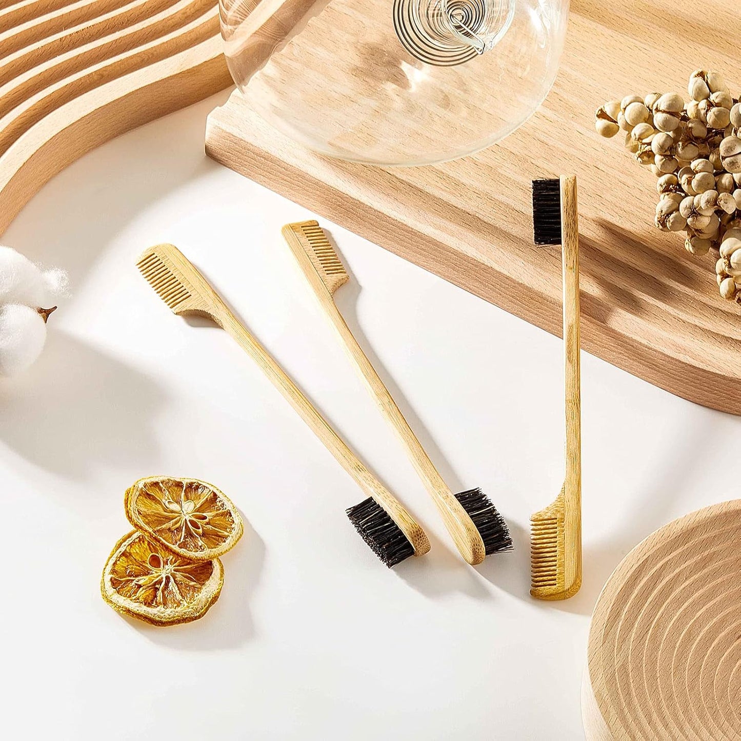 3 Pieces Moustache Comb and Brush Beard Edge Brushes 2-in-1 Sapling Wood Mustache Comb Gentle Control Bamboo Eyebrow Hair Tool