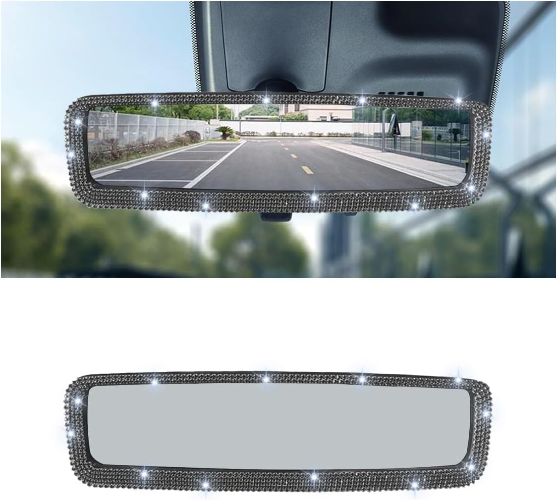 Bling Rhinestones Car Rearview Mirror with HD Glass & Crystal Diamonds for Women Girls, Interior Trim Accessory