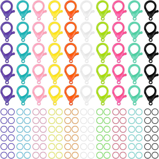 Multicolor Hard Plastic Clips Plastic Lobster Claw Clasps and Open Jump Rings, Cute Lanyard Snap Hooks for Key Chain Ring Chain Clasp DIY Handmade Crafts(100 Pieces)