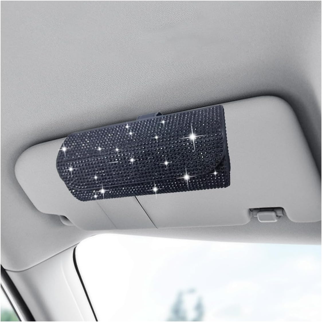 Bling Sunglasses Holder for Car Sun Visor, Sparkling Crystal Sunglasses Storage Case with Hidden Magnetic Closure, Glasses Holder Auto Eyeglasses Organizer Protective Box for Woman Man (Black)