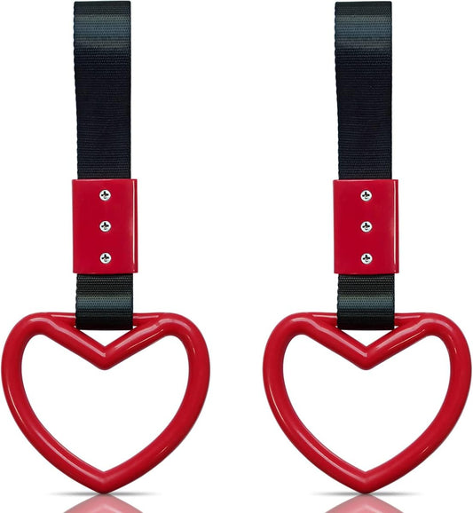 2 Pieces Heart-shaped Jdm Tsurikawa Rings SUV Bus Car Handle Straps Japanese Bosozoku Subway Ring for Car Warning and Interior Exterior Decoration (Red/Black)