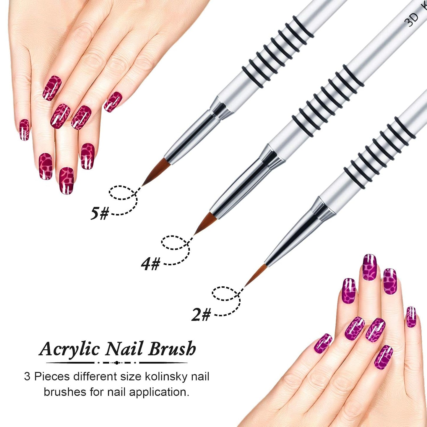 3 Pcs Kolinsky 3D Nail Art Brush Set Size 2/4/5 Acrylic Nail Art Brush with Silver Metal Nonslip Grip Handle Polish Cleaning Manicure Tools for Women Acrylic Sculpture Application