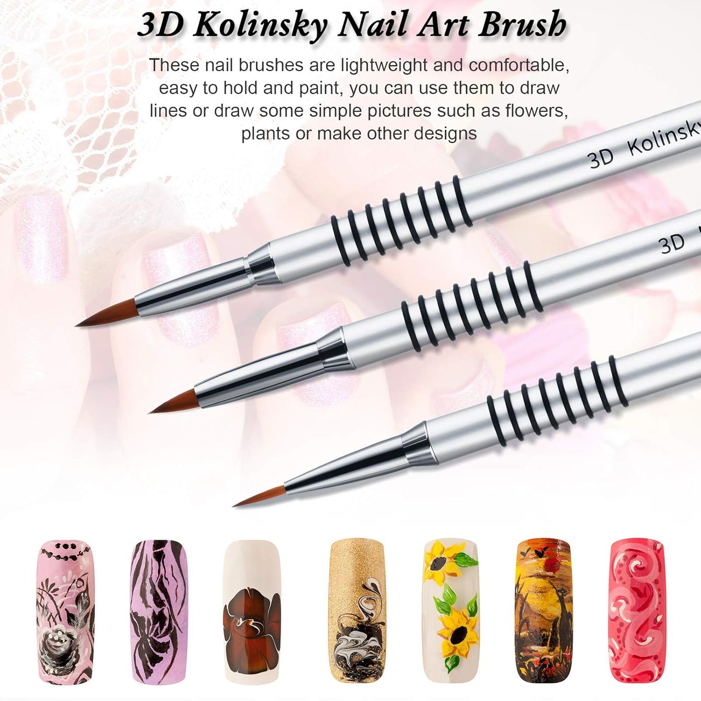 3 Pcs Kolinsky 3D Nail Art Brush Set Size 2/4/5 Acrylic Nail Art Brush with Silver Metal Nonslip Grip Handle Polish Cleaning Manicure Tools for Women Acrylic Sculpture Application
