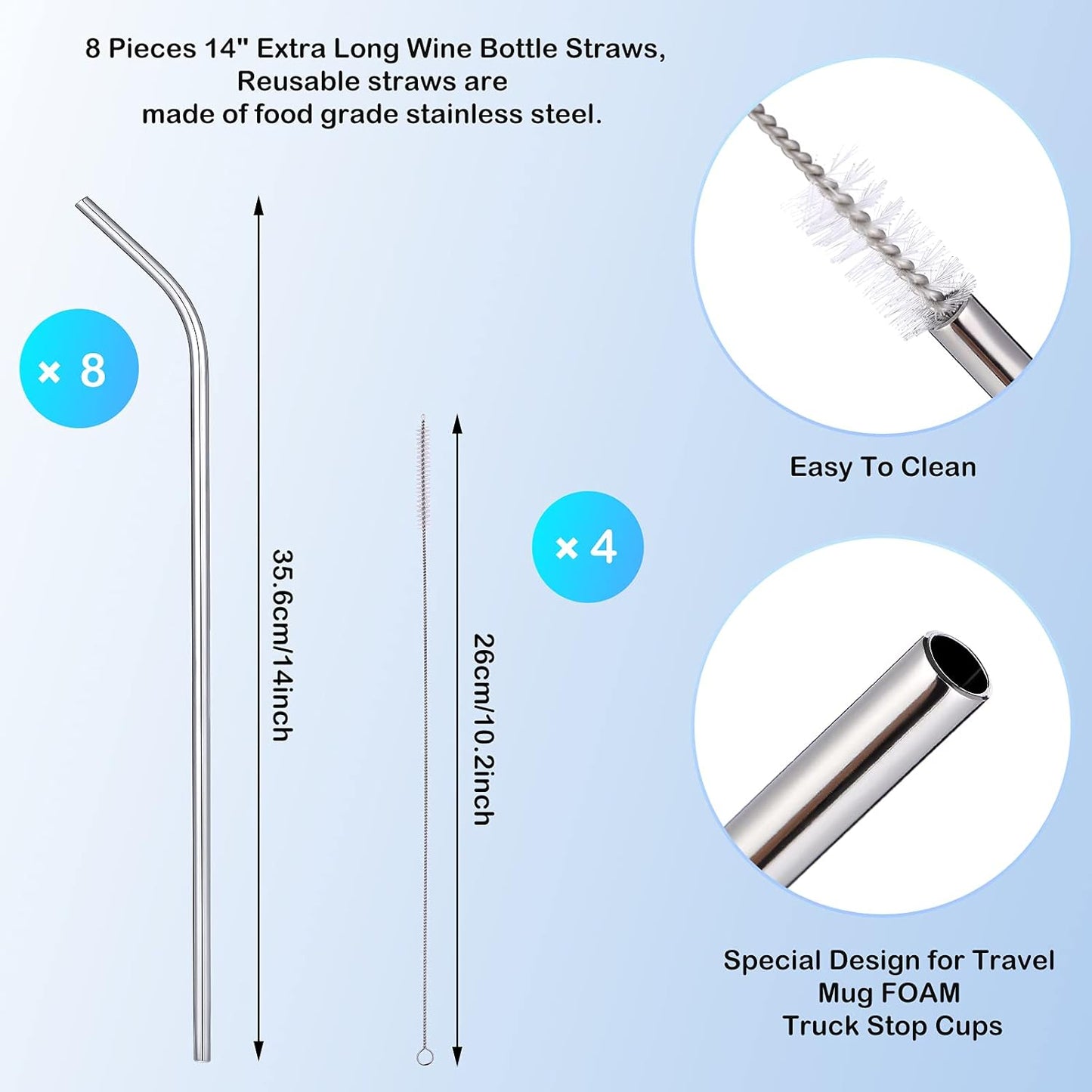 8 Pieces 14 Inch Reusable Stainless Steel Straws Long Drinking Straws for 100 oz Tumblers, Extra with 4 Pieces Cleaning Brush(Silver)