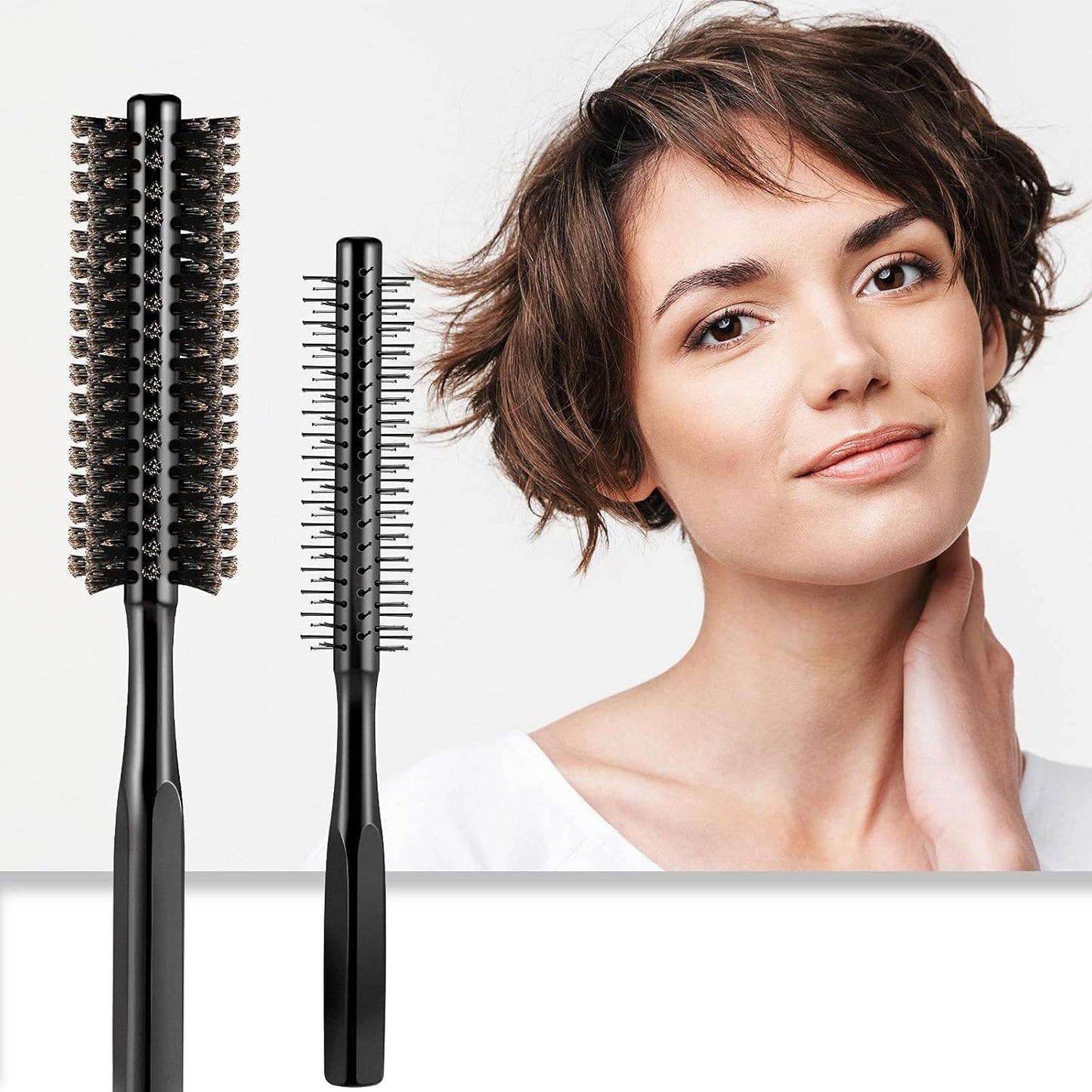 2 Pieces Thick Round Hair Comb Bristle Blow Drying Hairbrush Small Brush Short Hair Massage Comb Head Massage Round Brush Roll Hairbrush for Wet or Dry(Black)