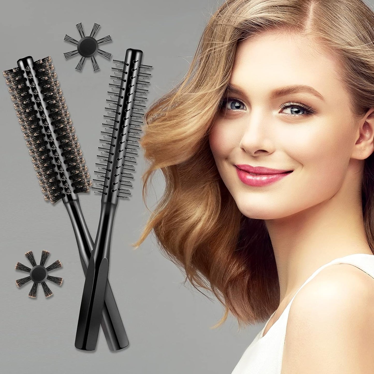 2 Pieces Thick Round Hair Comb Bristle Blow Drying Hairbrush Small Brush Short Hair Massage Comb Head Massage Round Brush Roll Hairbrush for Wet or Dry(Black)
