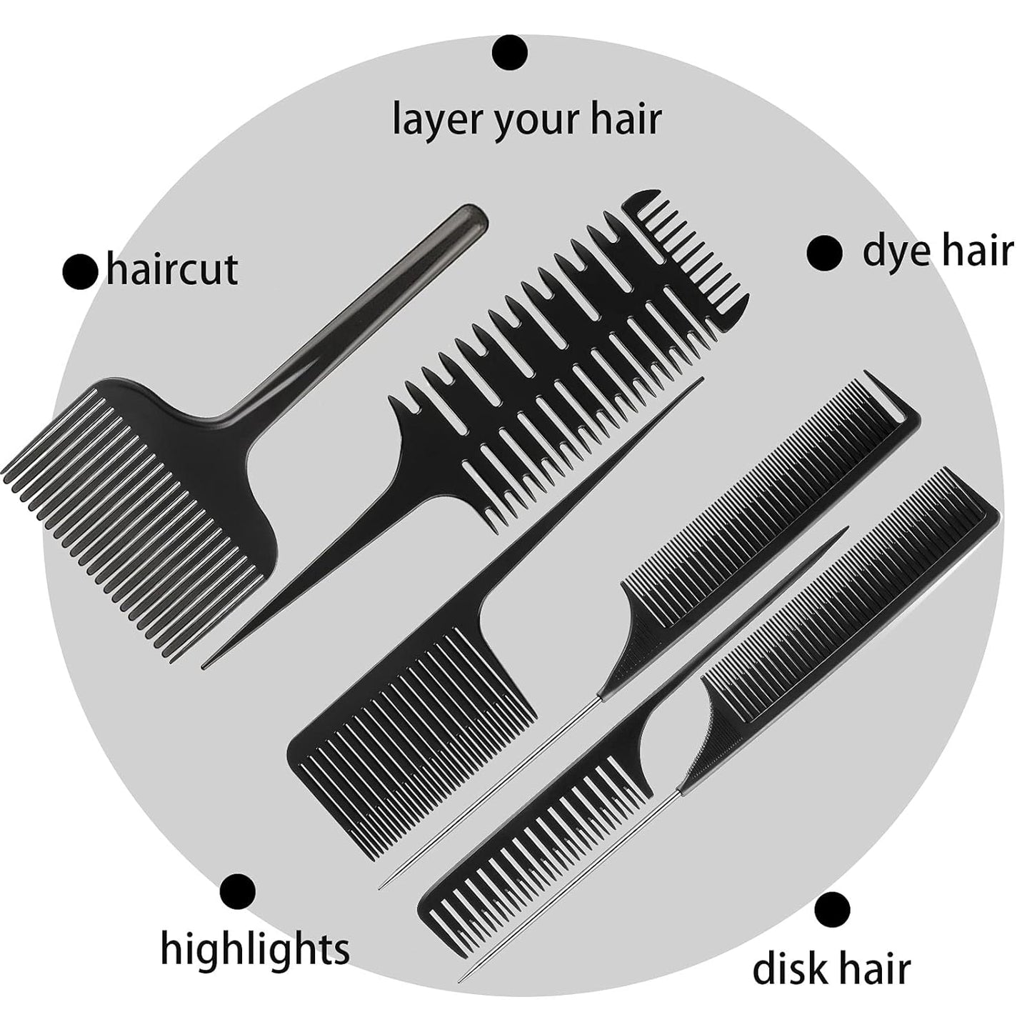 6 Pcs Highlighting Hair Combs Set, 3-way Hair Sectioning, Dyeing, Rat Tail Lifting Comb for Weaving Foiling Sectioning Coloring, Black