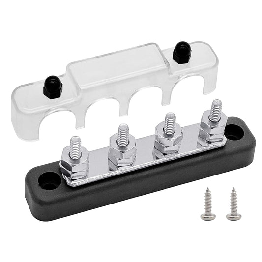 4 x #10 (M5) Studs Bus Bar,  4.2" Ground Distribution Block Brass Battery BusBar Junction with Cover for Auto Boat Amplifier and More (Black)