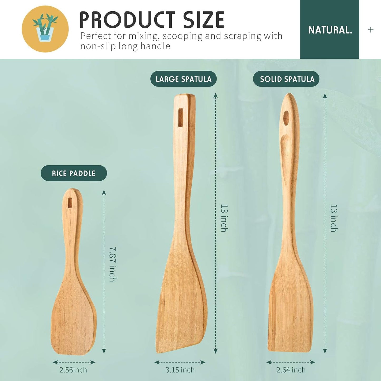 3 Pieces Bamboo Cooking Spatula and Paddle Set Bamboo Turner Wok Spatula Spoon Heat Resistant Kitchen Utensil for Nonstick Cookware, 3 Styles