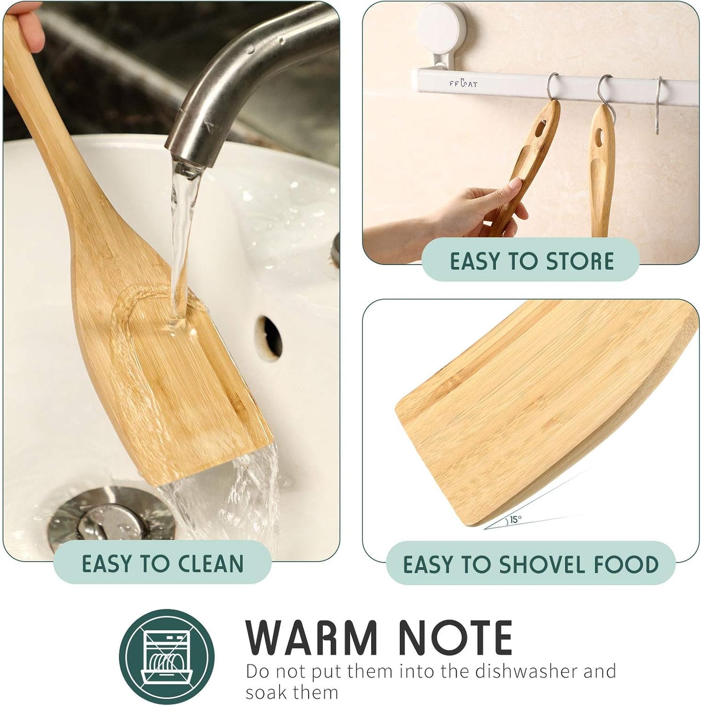 3 Pieces Bamboo Cooking Spatula and Paddle Set Bamboo Turner Wok Spatula Spoon Heat Resistant Kitchen Utensil for Nonstick Cookware, 3 Styles