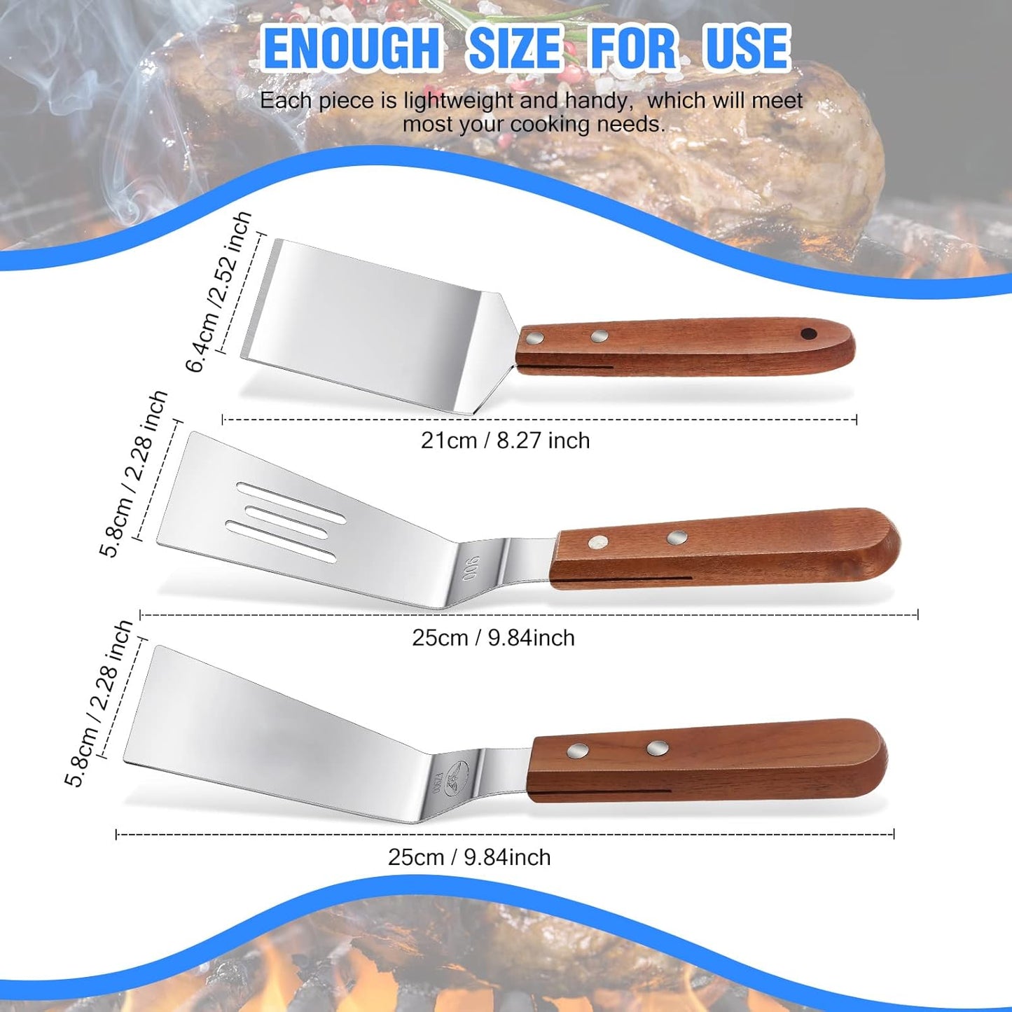 3 Pieces Stainless Steel Cooking Spatula Set Flat Top Metal Spatula Stainless Steel Wire Cheese Cutter Tool Slotted Spatula with Wooden Handle for Grilling Frying and Cooking