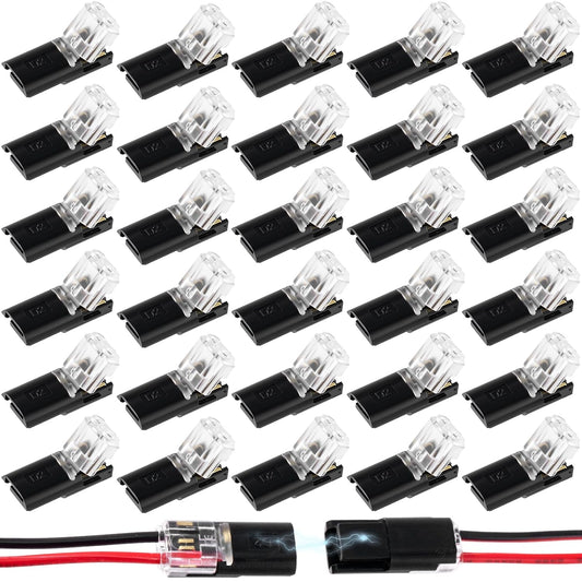 60pcs Quick Clip Double Wire Connector, Low-Voltage Plug-in Wire Connectors with Locking Buckle, 2 Pin Quick Clip Fasteners Snap on Blocks for 18-22AWG Cable DIY Crafts LED Strips- Black