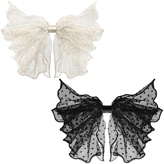 2 Pack Korean-Style Lace Mesh Barrette Hair Clips, Breathable Flower Dot Clips for Wedding, Party, Valentine's Day (Black, White)