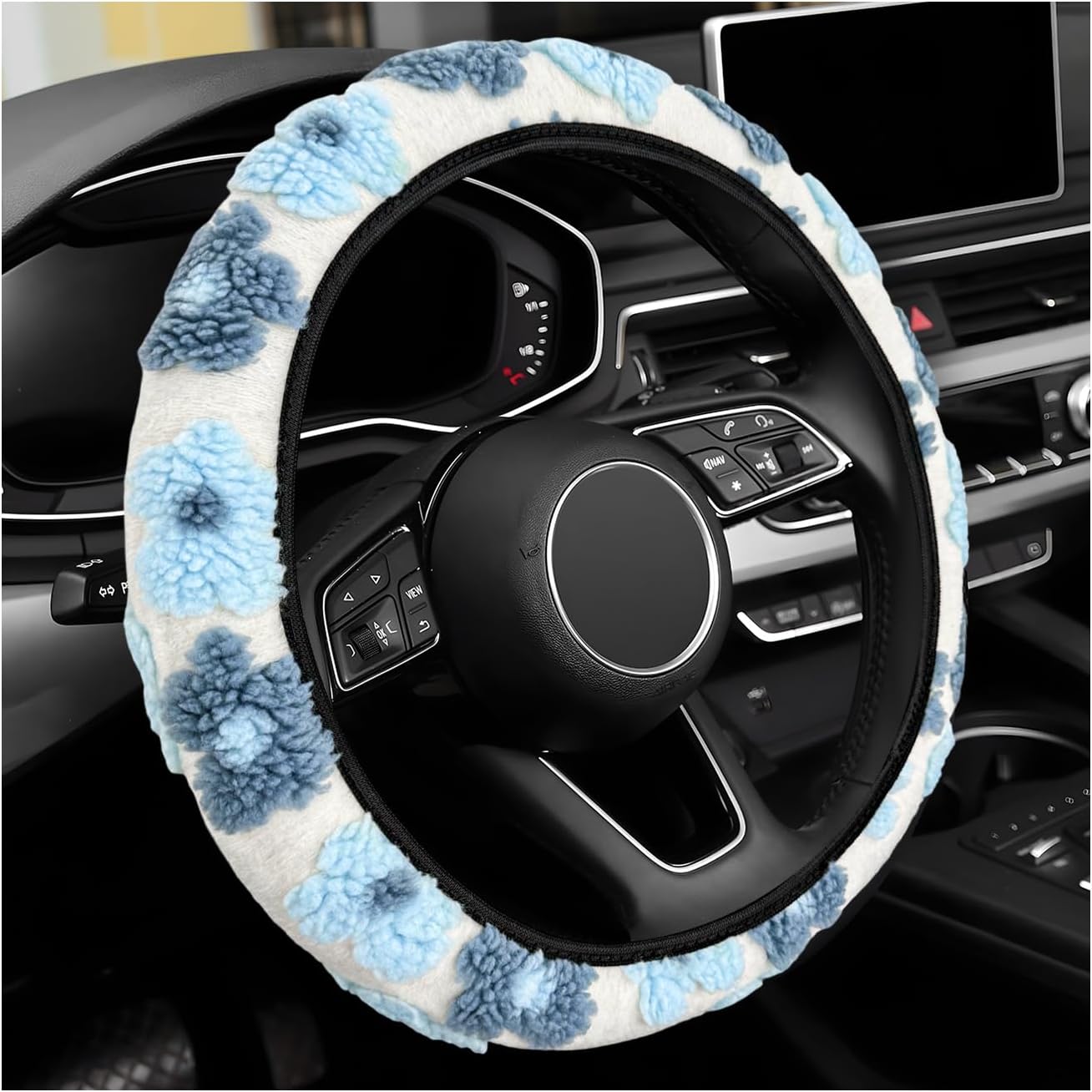 Plush Flowers Steering Wheel Cover, 15 inch Anti-Slip Breathable Steering Wheel Protector Cute Floral Decor, Elastic Soft Wheel Cover Universal Fit for Most Vehicles (Light Blue)