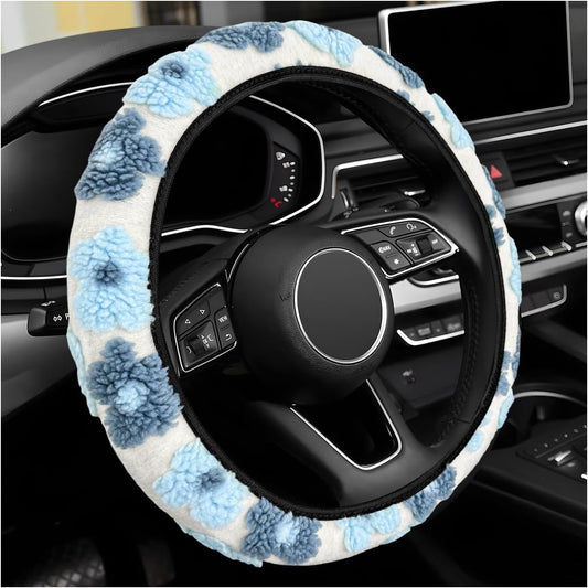 Plush Flowers Steering Wheel Cover, 15 inch Anti-Slip Breathable Steering Wheel Protector Cute Floral Decor, Elastic Soft Wheel Cover Universal Fit for Most Vehicles (Light Blue)