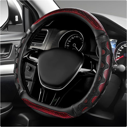 Car Steering Wheel Cover, Breathable 3D Honeycomb Anti-Slip Steering Wheel Protector, D-Shaped Sporty Protective Cover Fits 14.5-15 Inch Steering Wheels, Car Accessories (Red)