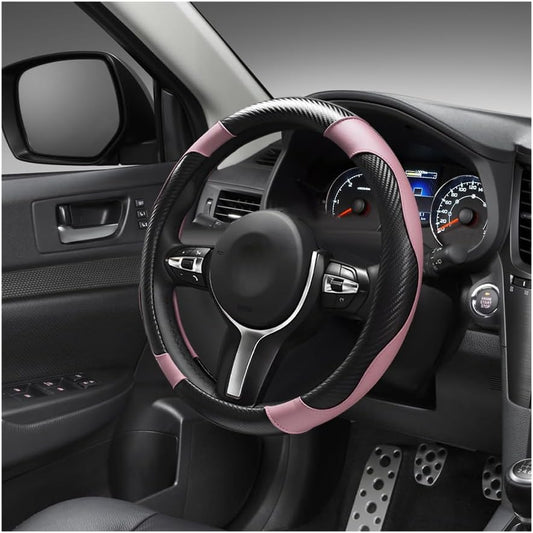 Car Steering Wheel Cover, 15 Inch Carbon Fiber Leather Anti-Slip Steering Wheel Protective Cover, Breathable Elastic Steering Wheel Warp Interior Accessories for Most Cars (Black & Pink)