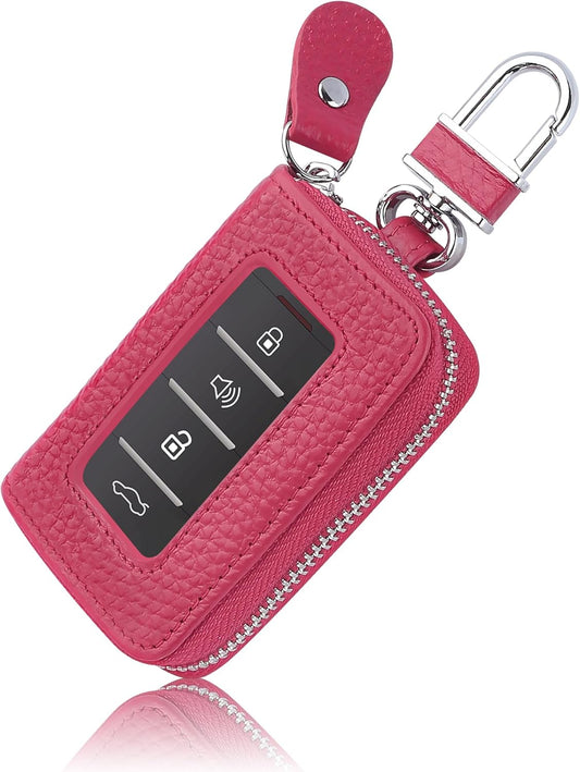 Car Key Fob Case for Replacing Old Key Fob Cover,Genuine Leather Car Key Case Holder with Key Ring & Keychain (Rose)