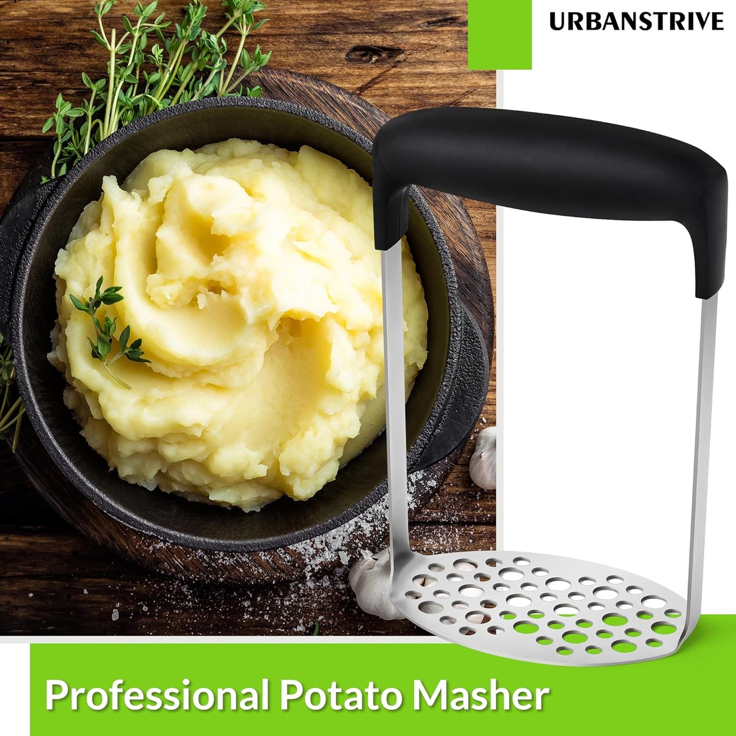 Upgraded Potato Masher, Durable Non-break Handle, Rust-proof, Dishwasher safe, Heavy duty 304 Stainless Steel, Kitchen Gadgets Gifts, Black