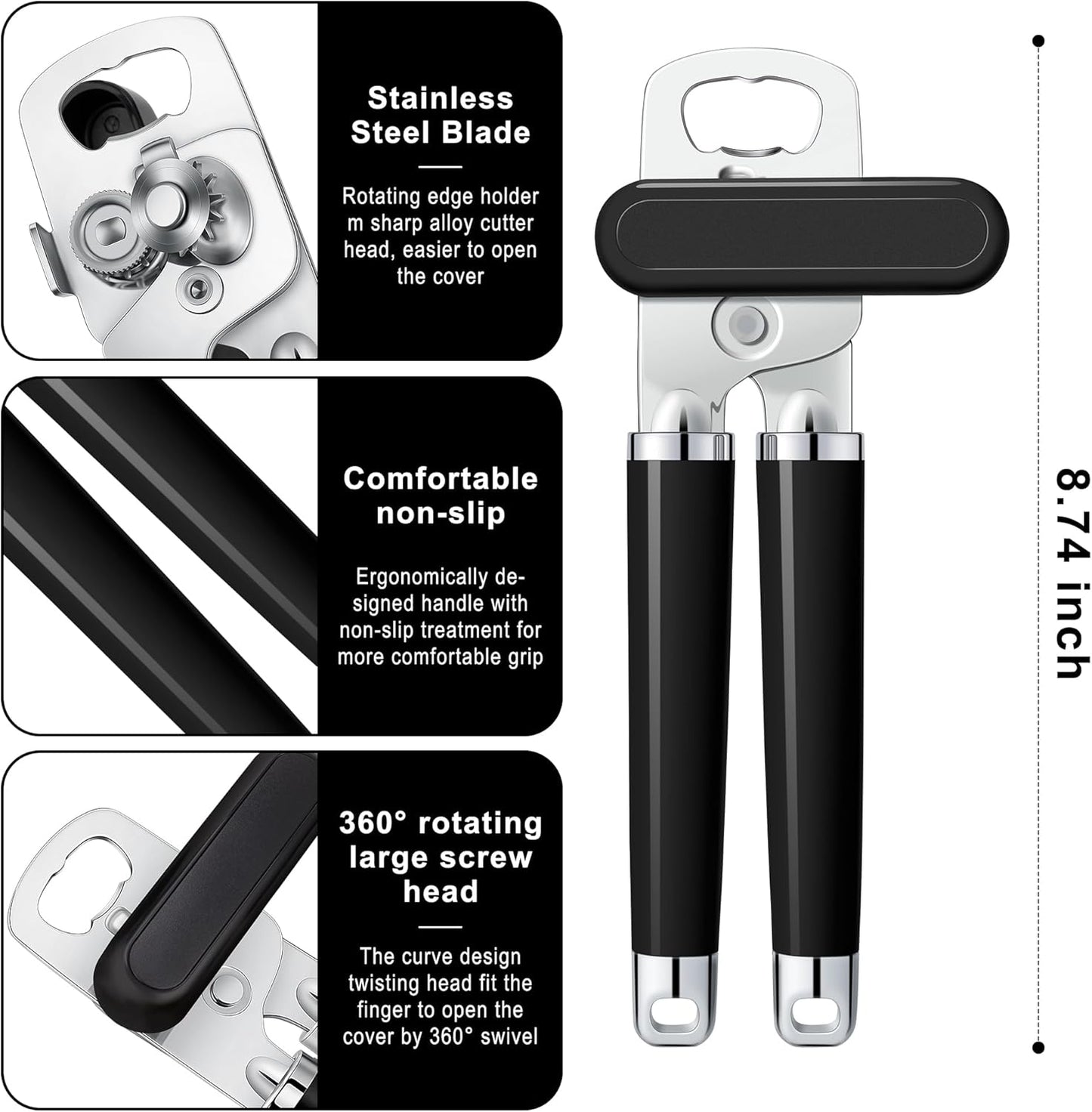 XL Large Heavy Duty Can Opener Manual Smooth Edge, Hand Held Can Openers for Seniors, Stainless Steel, Comfortable Handle, Built-in Bottle Opener, 8.66 inch (Black)