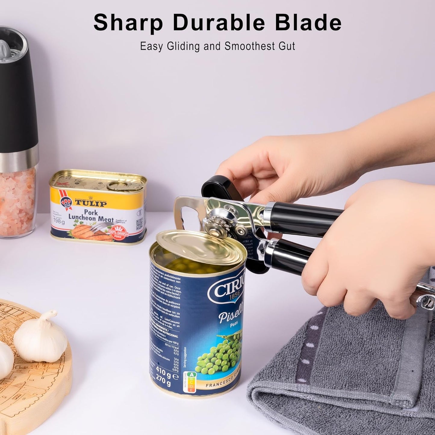 XL Large Heavy Duty Can Opener Manual Smooth Edge, Hand Held Can Openers for Seniors, Stainless Steel, Comfortable Handle, Built-in Bottle Opener, 8.66 inch (Black)