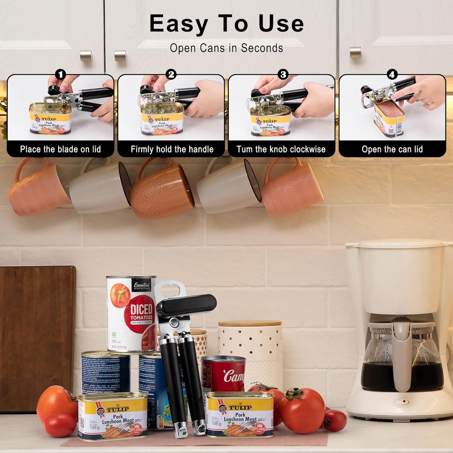 XL Large Heavy Duty Can Opener Manual Smooth Edge, Hand Held Can Openers for Seniors, Stainless Steel, Comfortable Handle, Built-in Bottle Opener, 8.66 inch (Black)