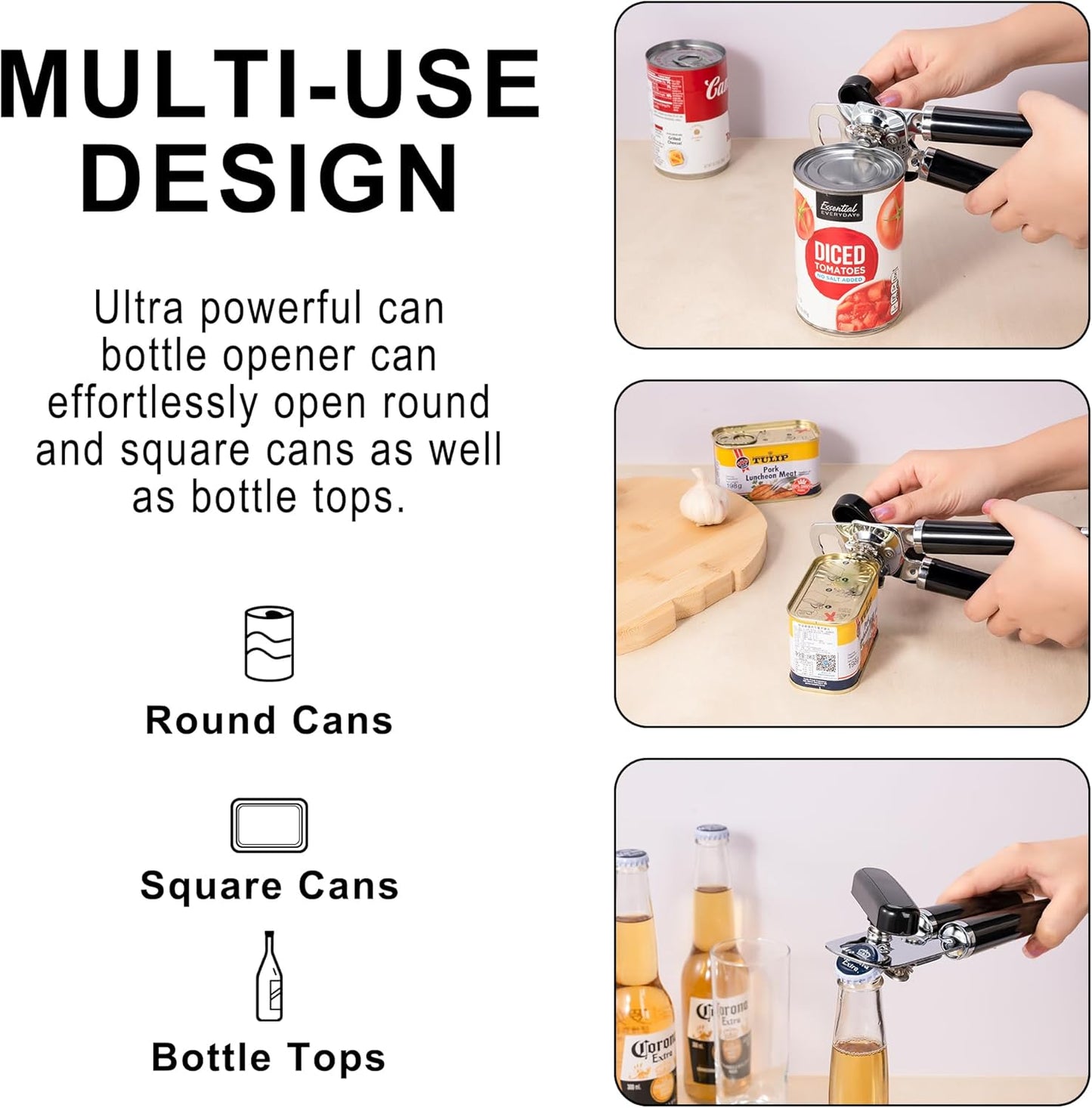 XL Large Heavy Duty Can Opener Manual Smooth Edge, Hand Held Can Openers for Seniors, Stainless Steel, Comfortable Handle, Built-in Bottle Opener, 8.66 inch (Black)