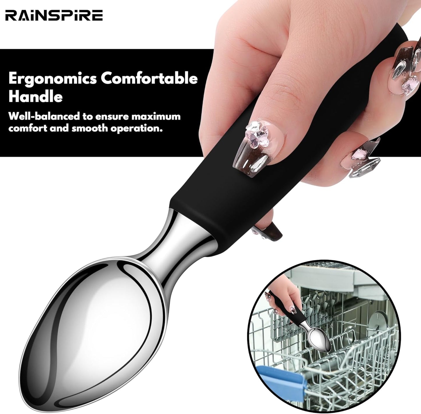 Ice Cream Scoop Stainless Steel, Ice Cream Scooper Professional Large Ice Cream Scoops With Non-Slip Rubber Handle, Ice Cream Spade for Cookie Dough, Gelato, Sorbet, Melon (Black)