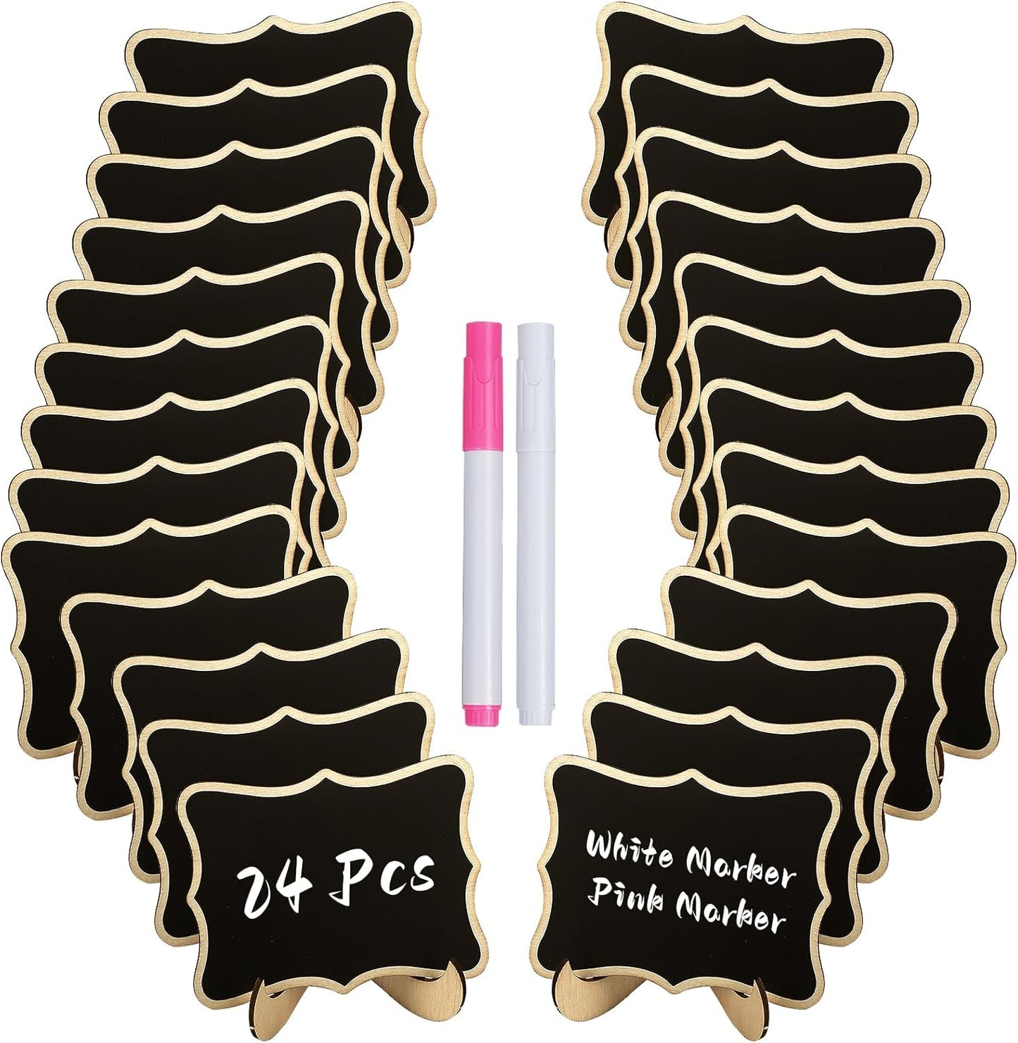 24 Pack Mini Chalkboard Signs for Food, Small Chalkboard Signs with Stands Chalk Markers & Replacement Stickers, Reusable Wooden Labels for Party Buffet Wedding, Blackboard Place Cards, Wavy